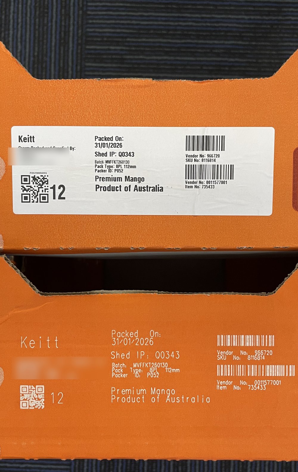 Same batch data as a printed sticker label versus laser-marked directly into the board